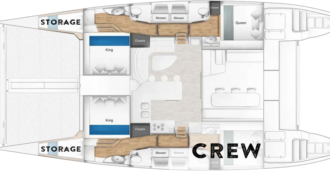 S/V Moonstruck accommodation plan: two king cabins forward, a queen cabin and the crew cabin aft, and the salon, galley, and cockpit between the hulls
